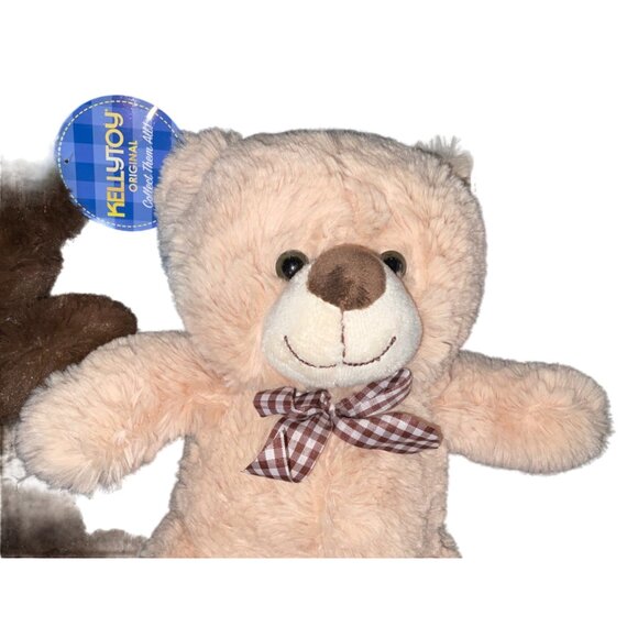 Kellujoy Original Brown & Pink Plush Teddy Bears With Checkered Bows Soft Cuddly - Picture 6 of 11